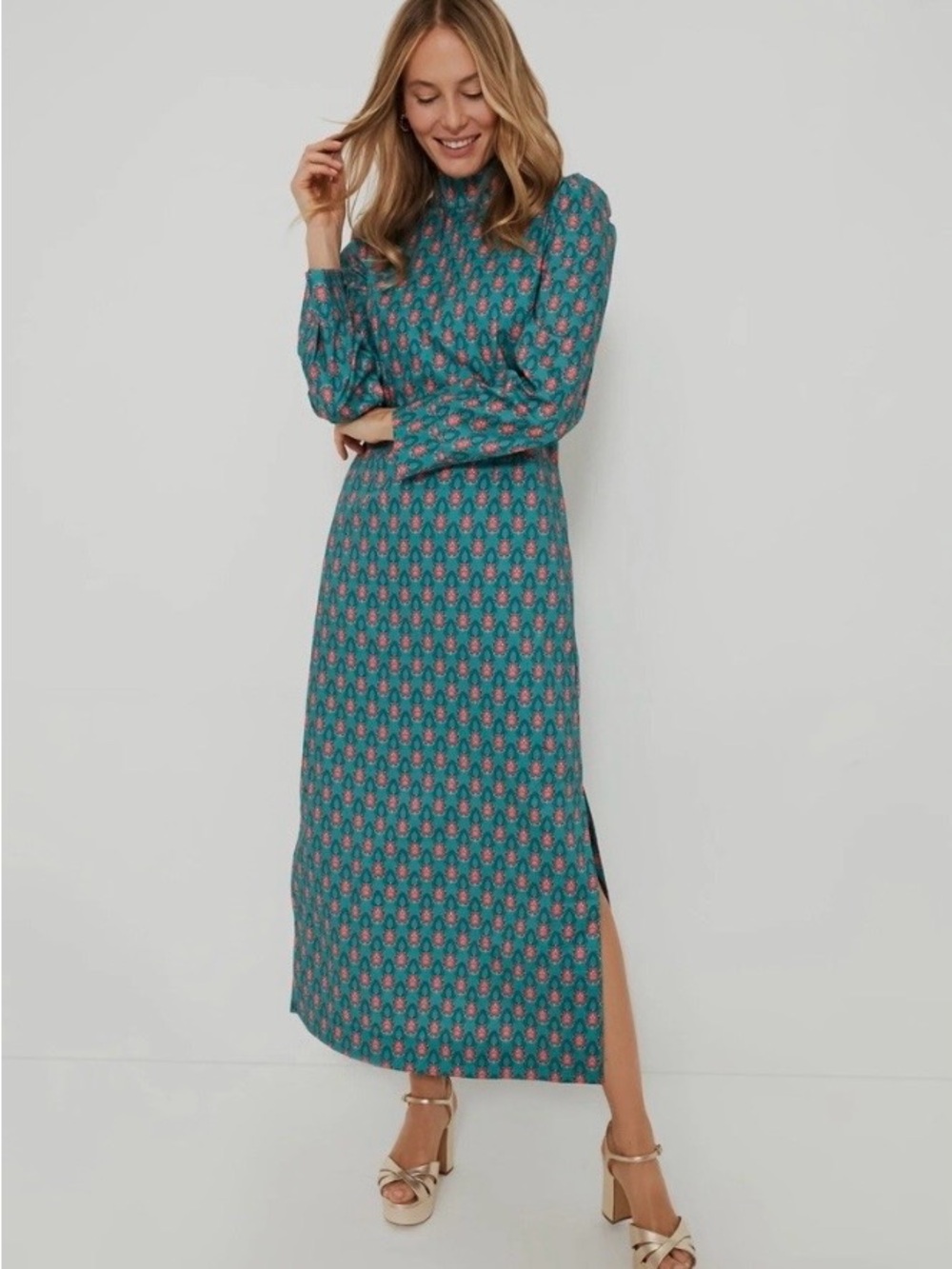 Teal Floral Mock Neck Maris Dress by Tuckernuck
